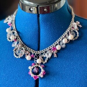 Silver and Pink Necklace with bow, heart and rose charms! 🎀🌹💕